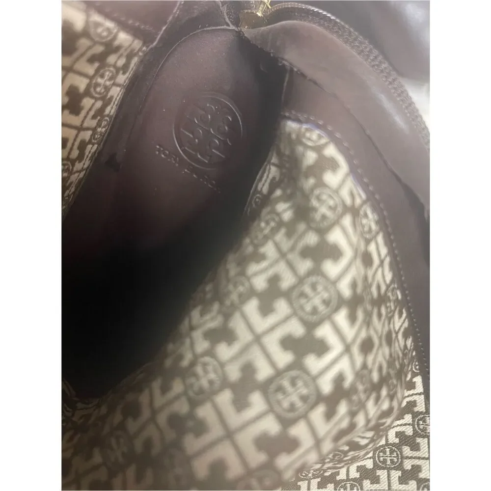 Tory Burch leather Brown Knee-High Wedge Boots back zipper gold tone accent.SZ11